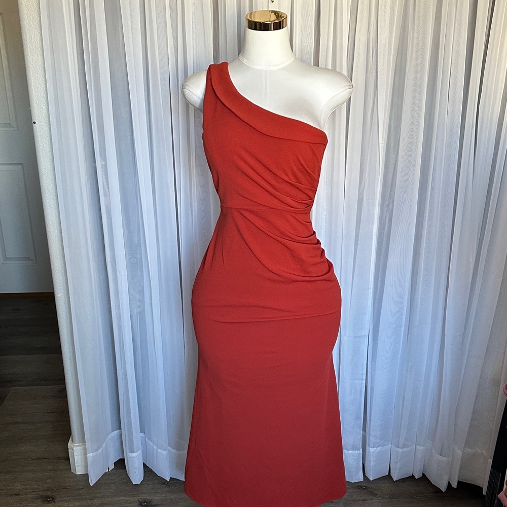 Rust Burnt Red Orange One-Shoulder Mermaid Dress